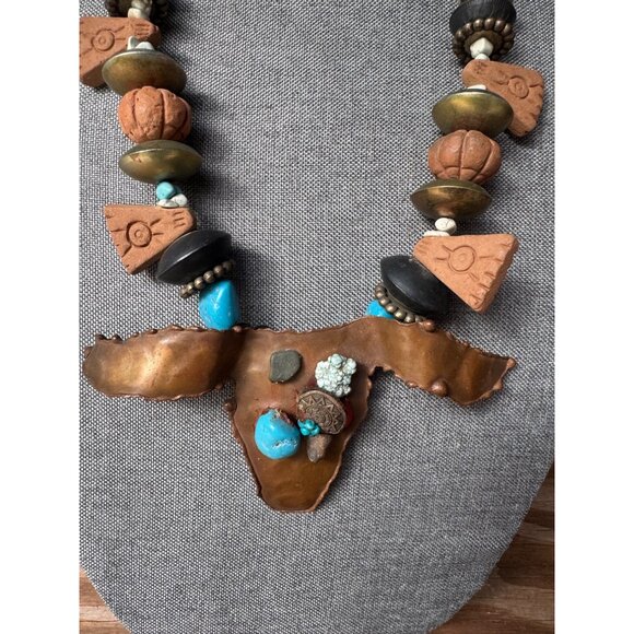 Handcrafted Boho Tribal Necklace With Bull Head Pendant Mixed Beads & Turquoise - Picture 3 of 6